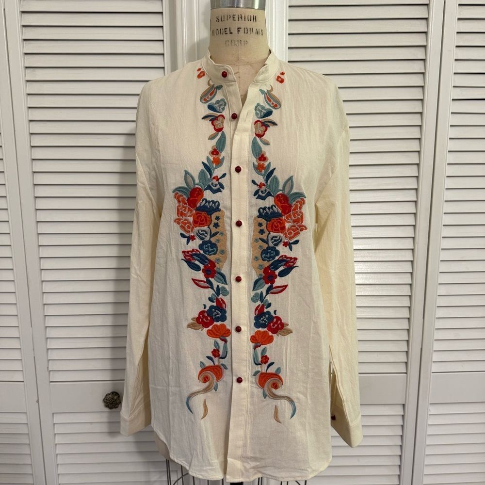 Manly/Unisex Casual Cream and Red Embroidered Button Down Shirt NWT!